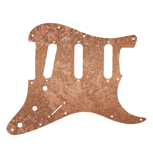 Egyedi Fender Stratocaster gitár koptató csillogó réz tónusokkal, finoman szemcsés felülettel és meleg színvilággal