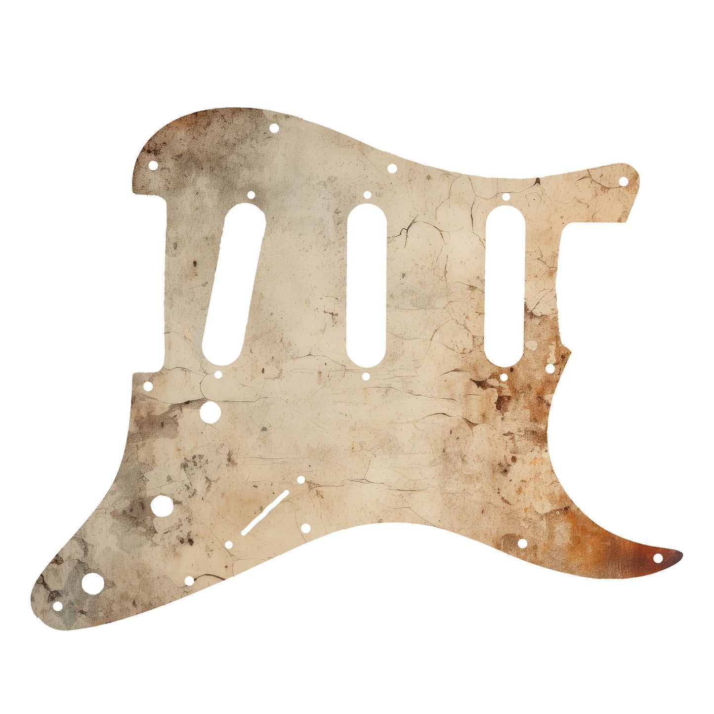 Egyedi Fender Stratocaster gitár koptató repedezett, antikolt felülettel, halvány bézs tónusokkal és sötétebb foltokkal