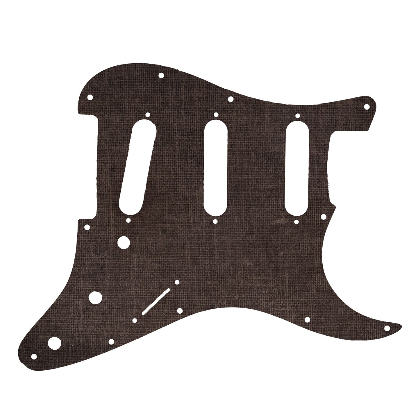 Egyedi Fender Stratocaster gitár koptató sötétszürke vászonhatású textúrával, finom rácsmintázattal és letisztult vintage megjelenéssel