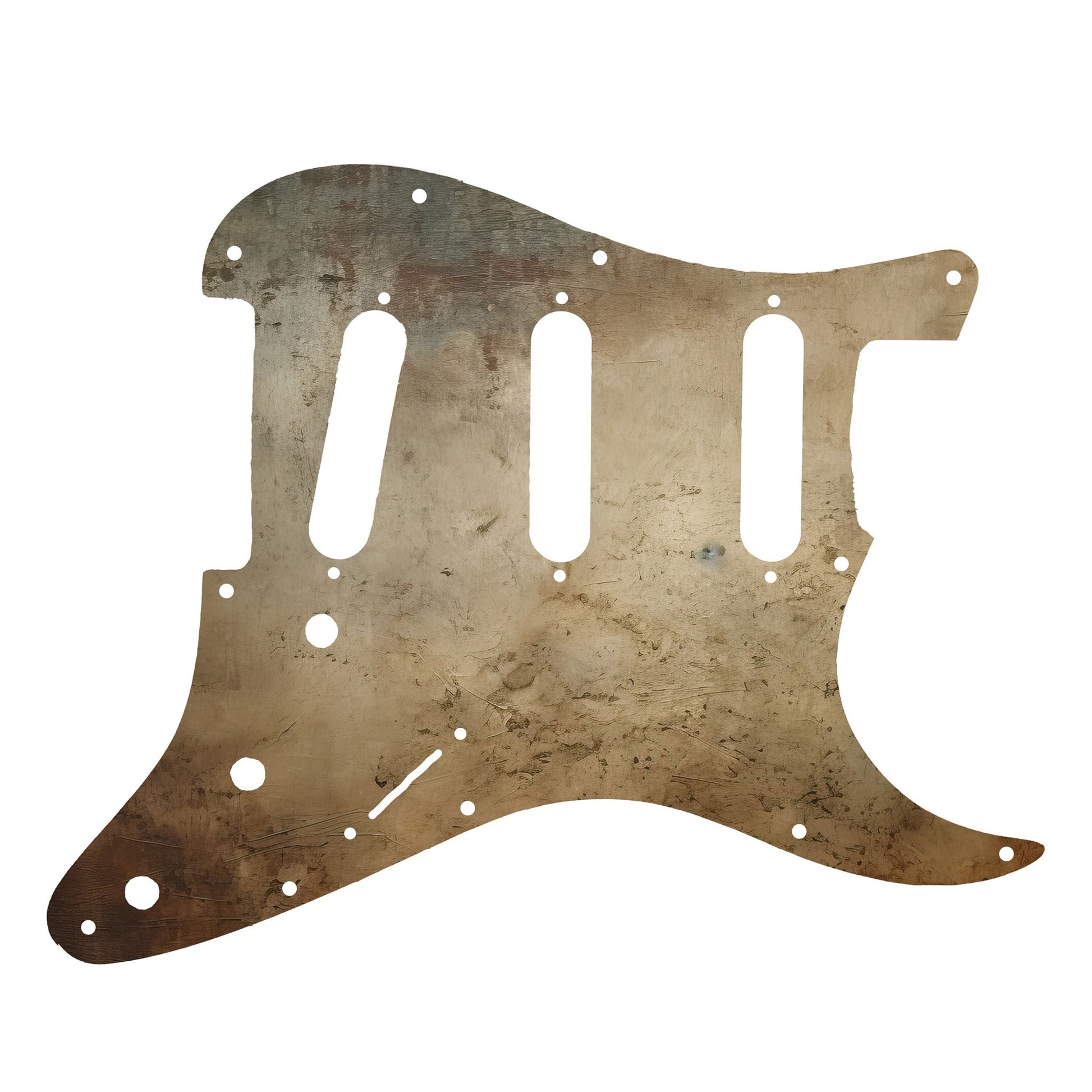 Egyedi Fender Stratocaster gitár koptató antik bronz textúrával, sötét patinás árnyalatokkal és mély rozsdafoltokkal