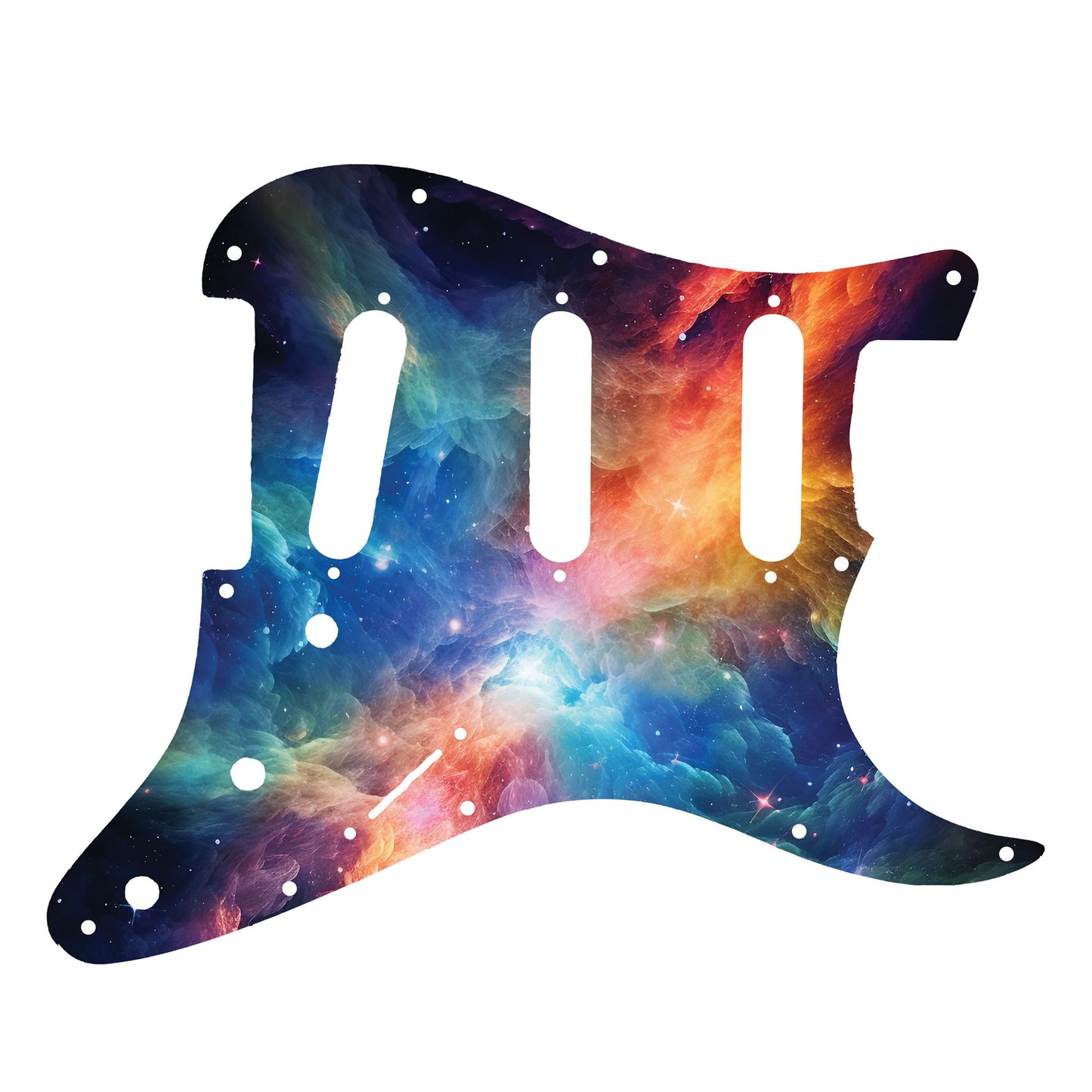 Egyedi Fender Stratocaster gitárkoptató színes galaxis mintázattal, élénk narancs, kék és lila ködfelhőkkel és ragyogó csillagokkal