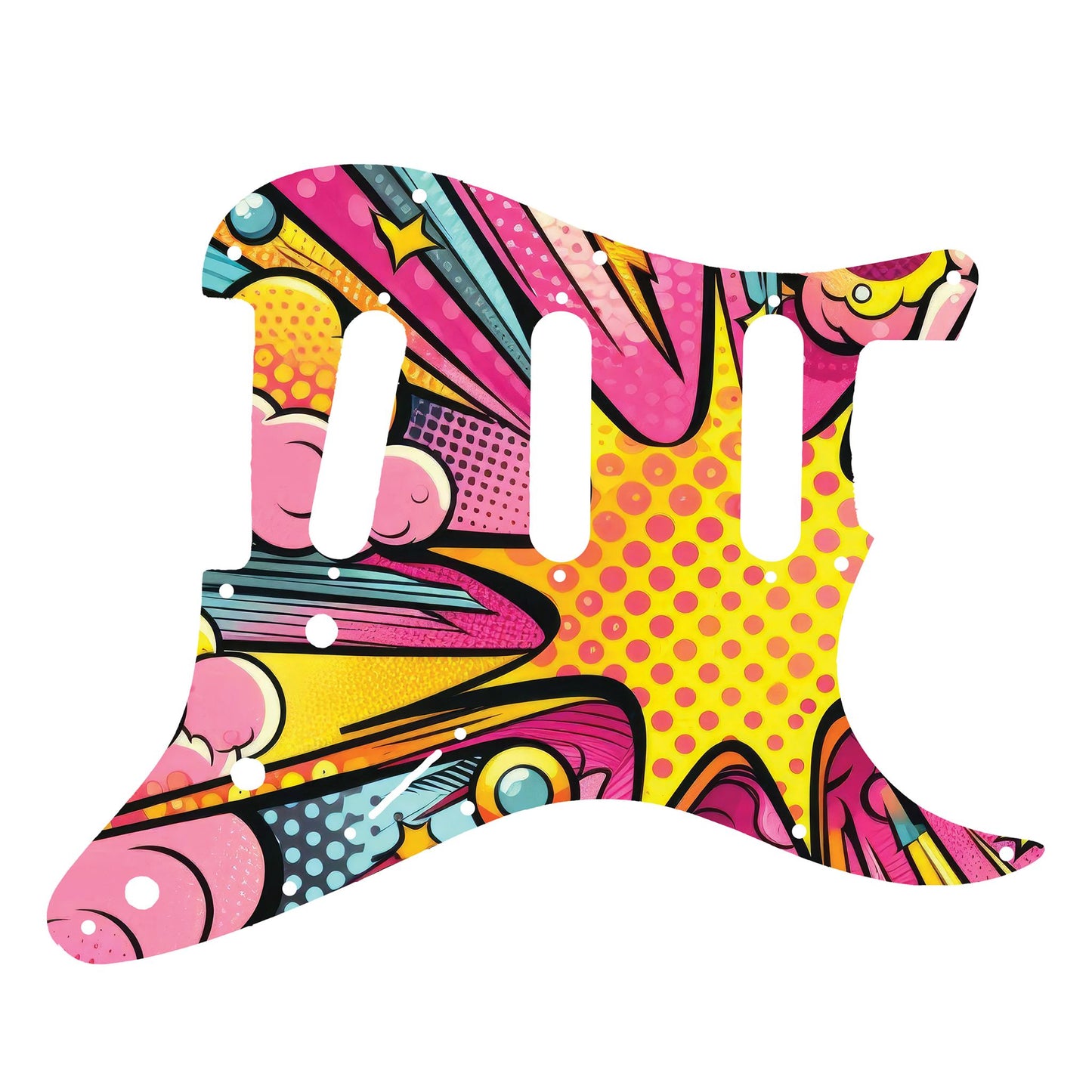 Egyedi Fender Stratocaster gitár koptató képregény stílusú robbanásszerű grafikával, élénk színekkel és modern vonalvezetéssel