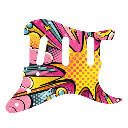 Egyedi Fender Stratocaster gitár koptató képregény stílusú robbanásszerű grafikával, élénk színekkel és modern vonalvezetéssel