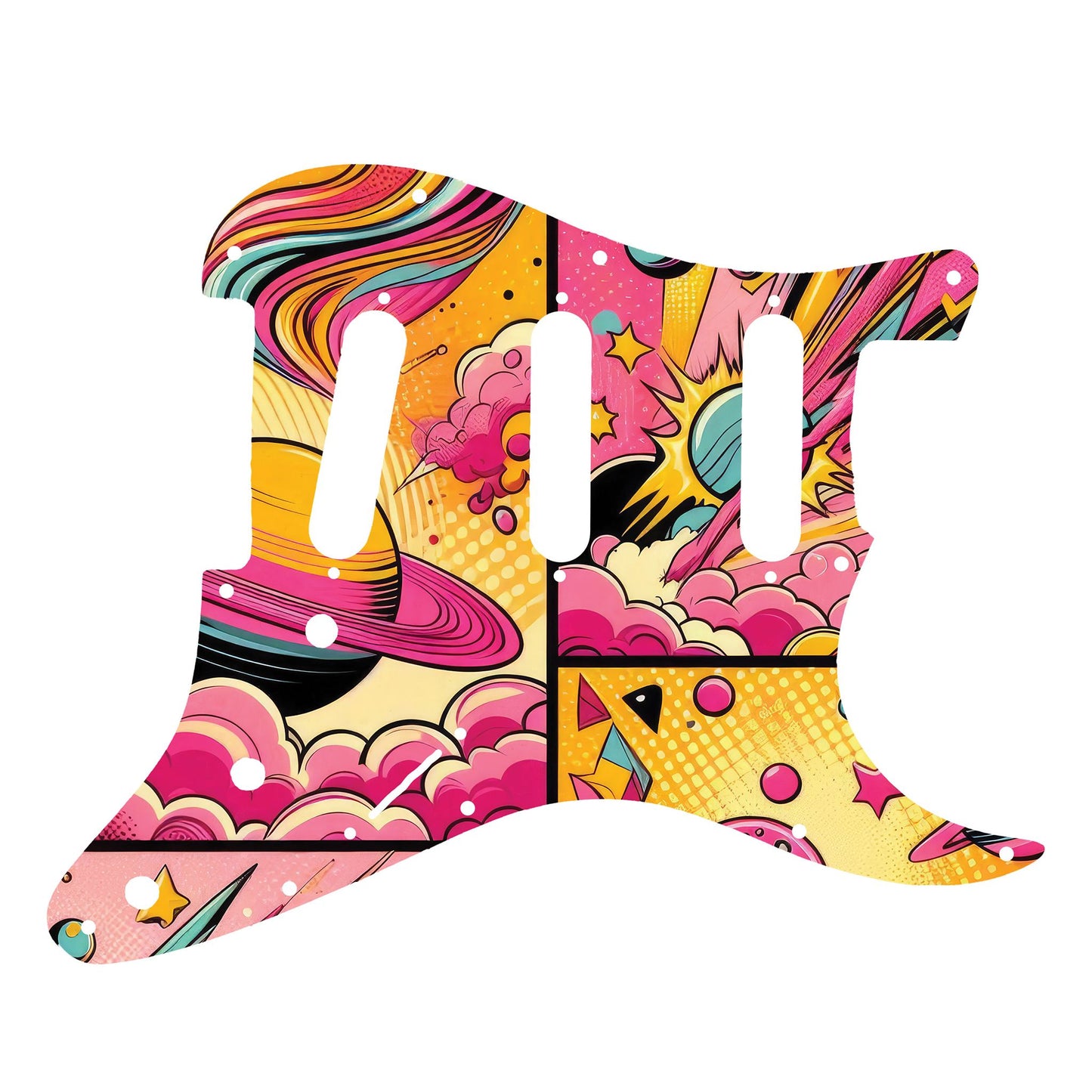 Egyedi Fender Stratocaster gitár koptató képregény ihlette űrmintázattal, vibráló színekkel és kontrasztos formákkal