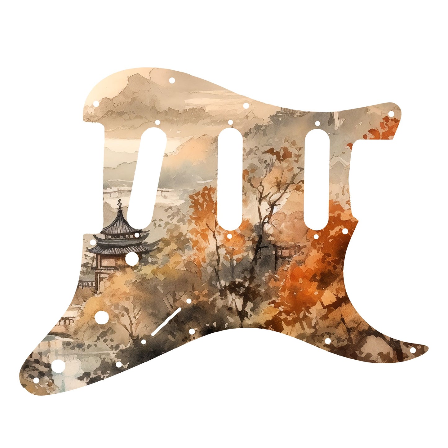Egyedi Fender Stratocaster gitár koptató őszi színekben pompázó fákkal, hagyományos pagodákkal és ködbe burkolózó hegyekkel