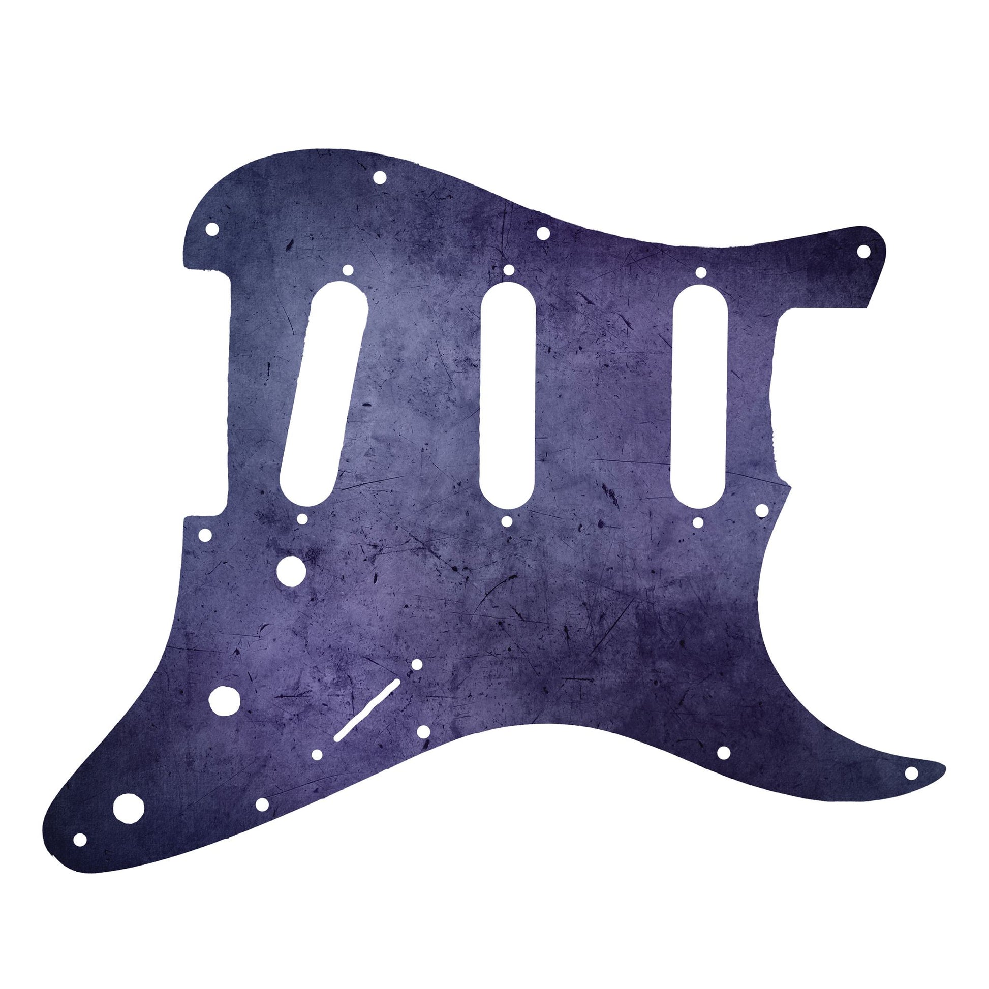 Egyedi Fender Stratocaster gitár koptató mélylila árnyalatokkal, finoman karcos felülettel és visszafogott vintage stílussal