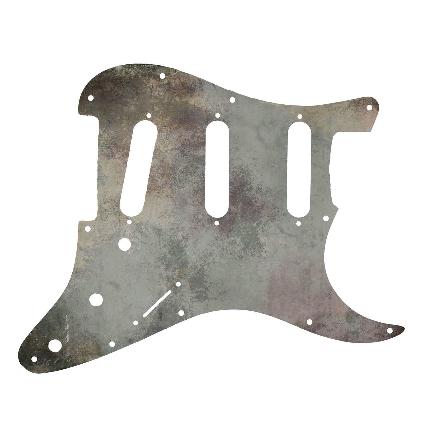 Egyedi Fender Stratocaster gitár koptató antikolt szürke tónusokkal, barnás-zöldes foltokkal és rusztikus textúrával