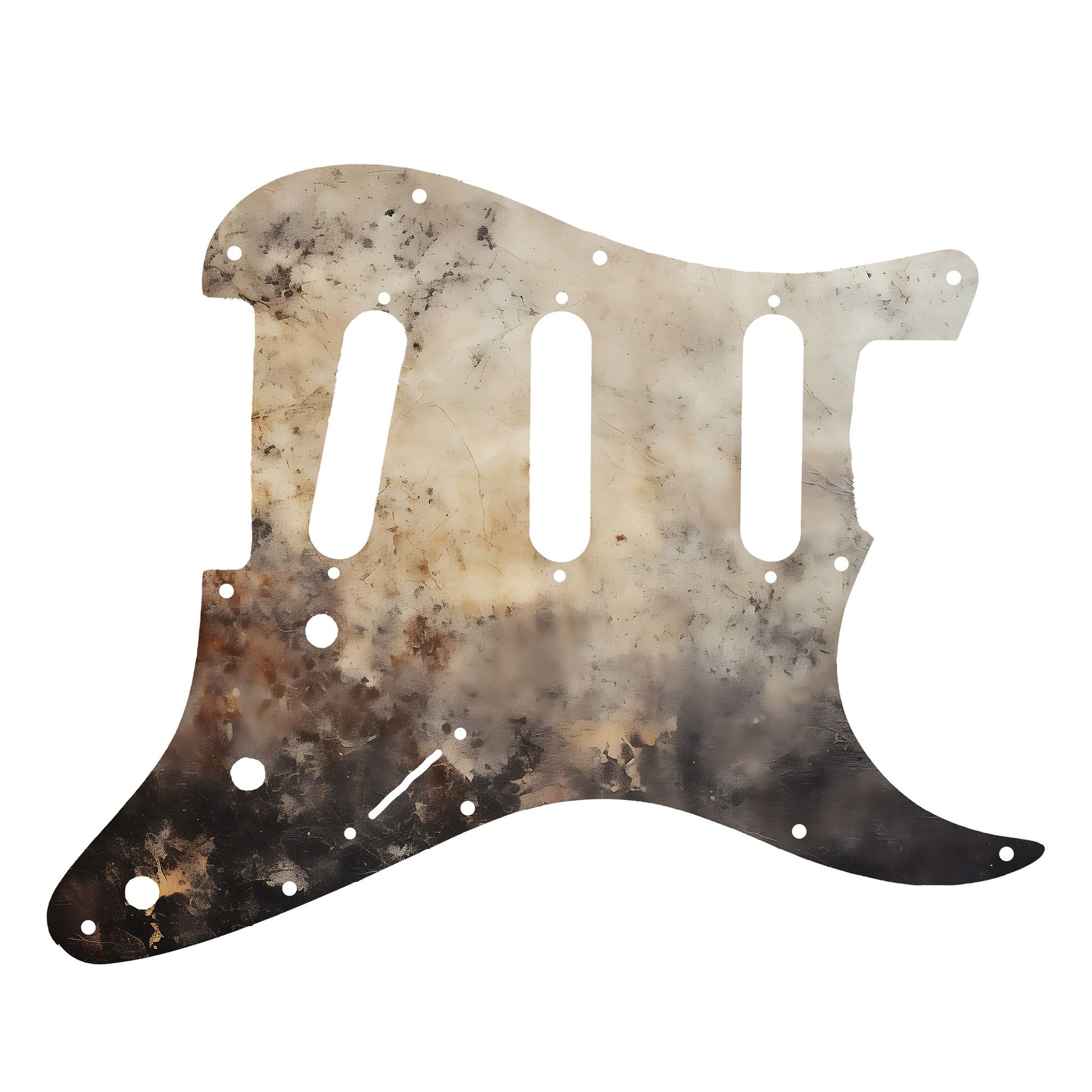 Egyedi Fender Stratocaster gitár koptató füstös hatású textúrával, bézs és fekete árnyalatokkal, valamint finom rozsdafoltokkal