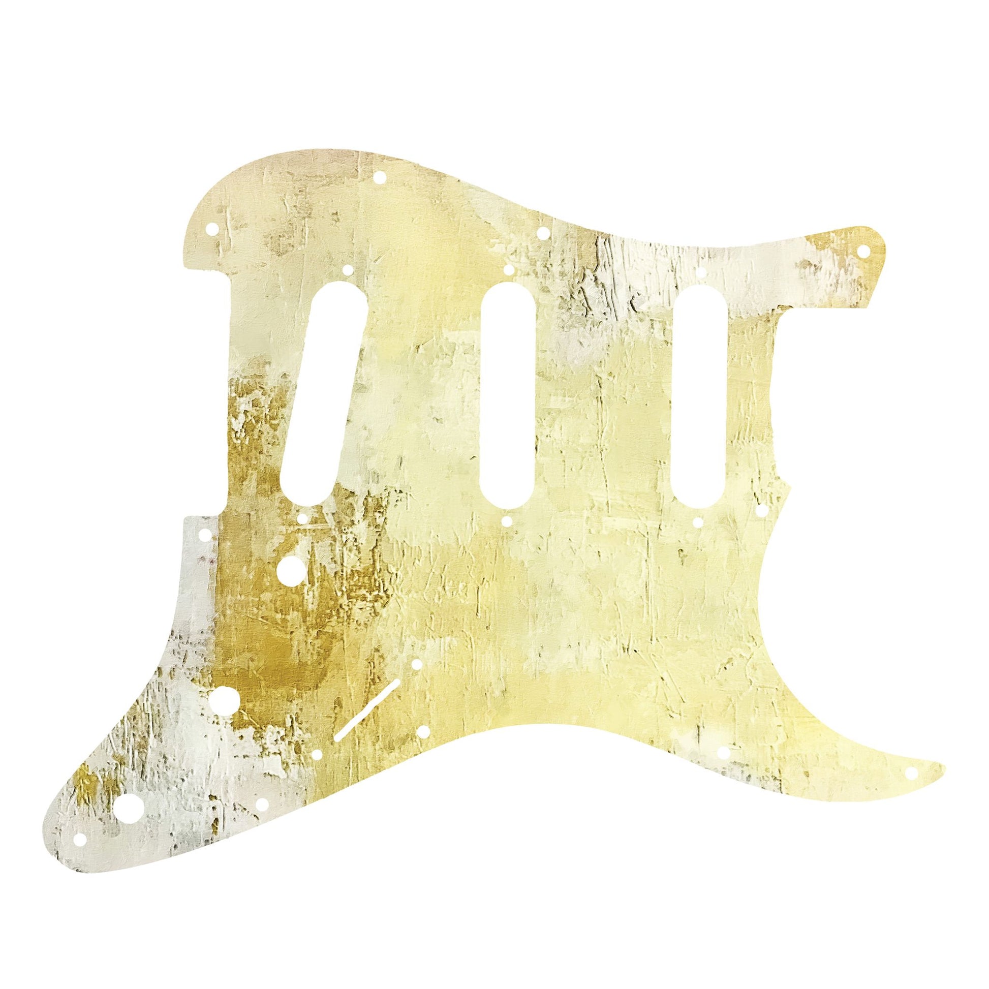 Egyedi Fender Stratocaster gitár koptató sárgás-fehér tónusokkal, vintage hatású mintázattal és karakteres felülettel