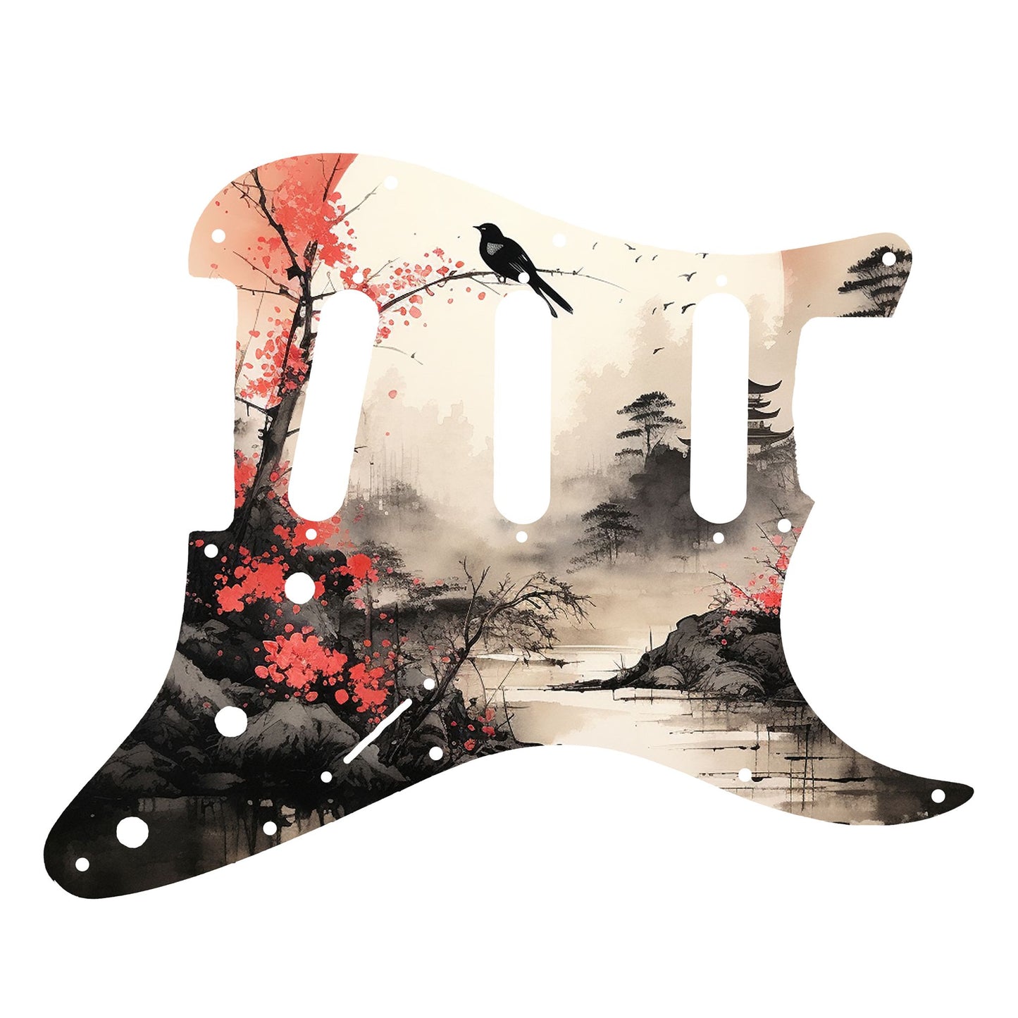 Egyedi Fender Stratocaster gitár koptató vörös virágzó fával, ágon ülő madárral és ködös folyóparti tájképpel a háttérben
