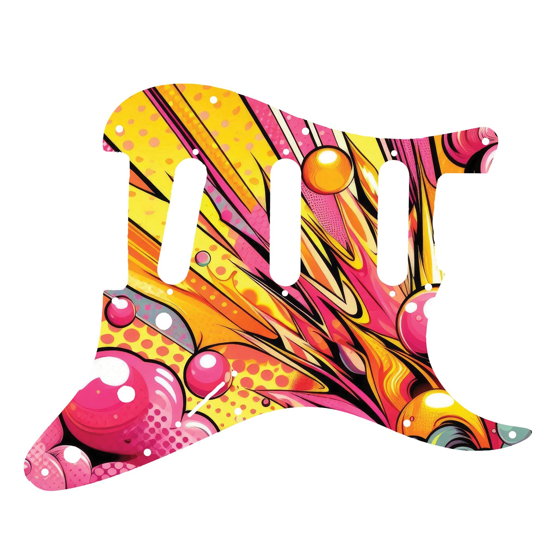 Egyedi Fender Stratocaster gitár koptató képregény ihlette robbanásszerű grafikával, vibráló színekkel és lendületes vonalakkal