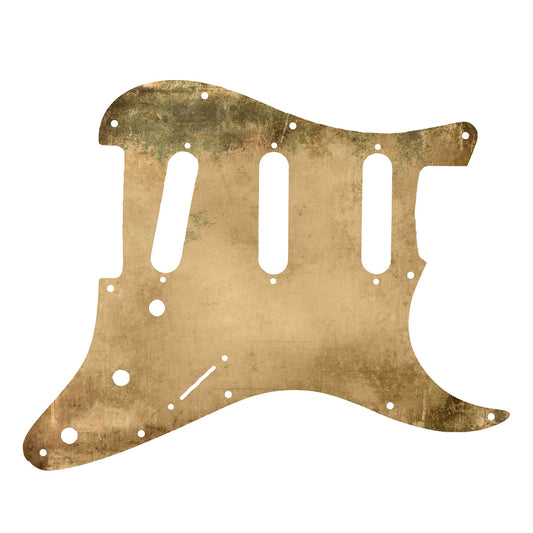 Egyedi Fender Stratocaster gitár koptató kopott arany tónusokkal, zöldes oxidációs mintázattal és matt textúrával