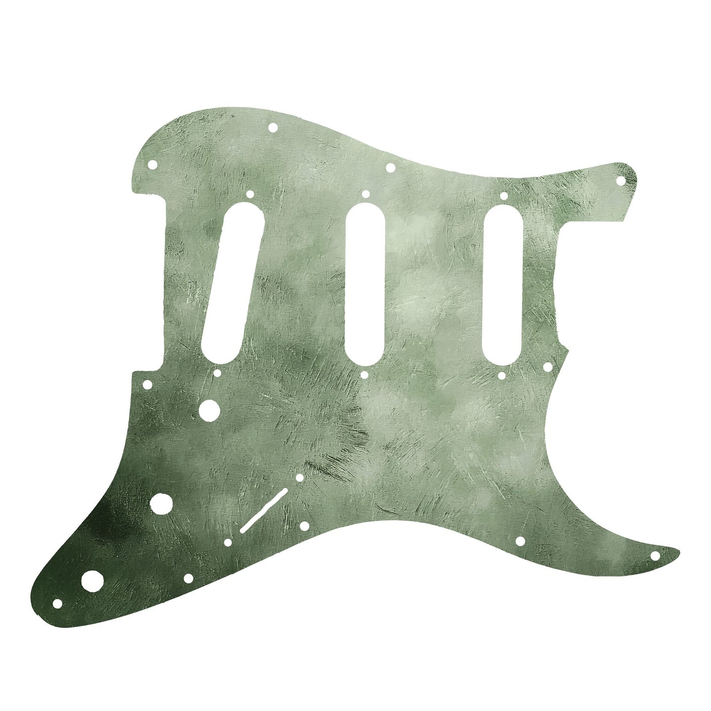 Egyedi Stratocaster gitár koptató halványzöld, ecsetnyomokat idéző mintázattal, letisztult, antikolt stílussal