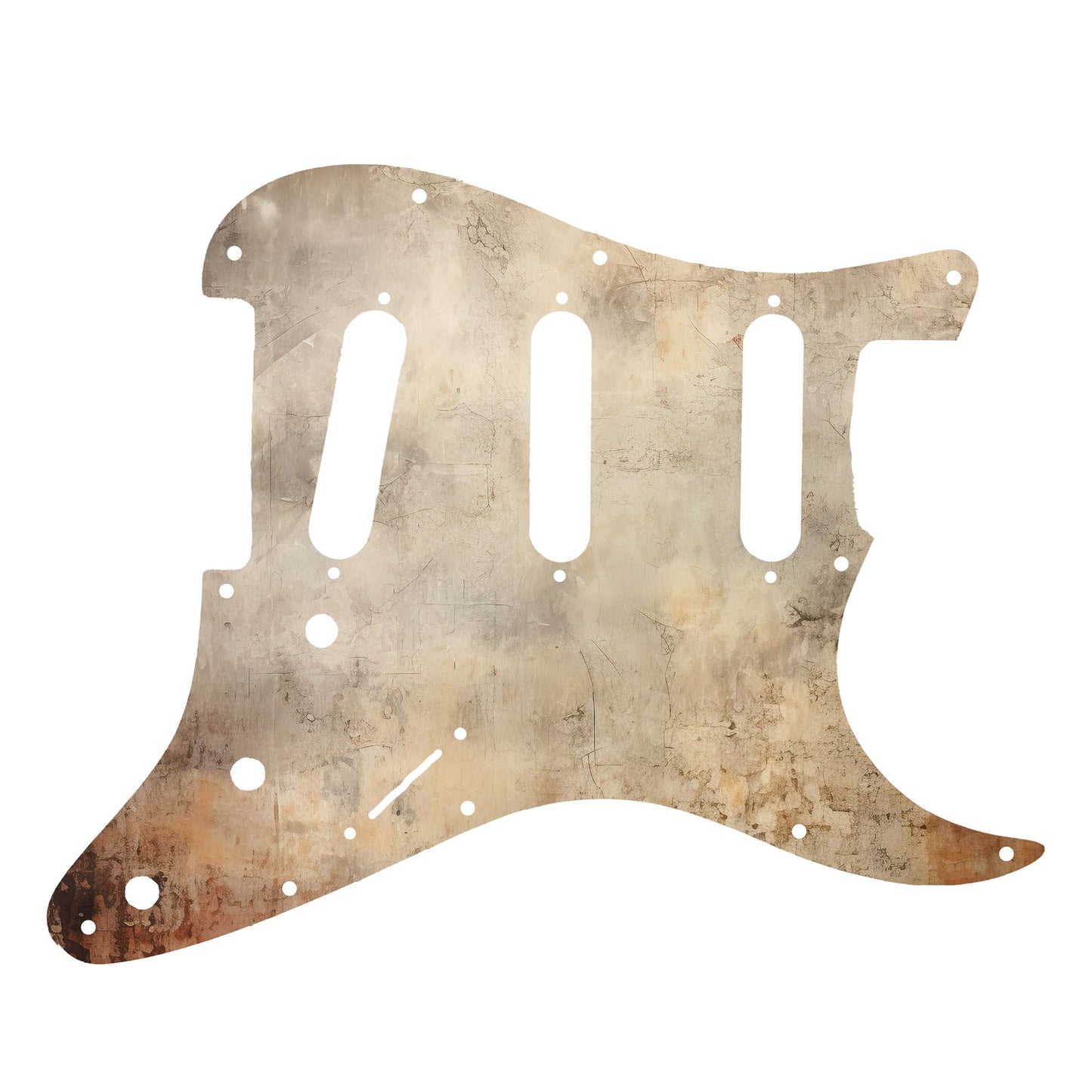 Egyedi Fender Stratocaster gitár koptató rozsdásodó fémhatással, fakó bézs tónusokkal és mély narancsos oxidált foltokkal