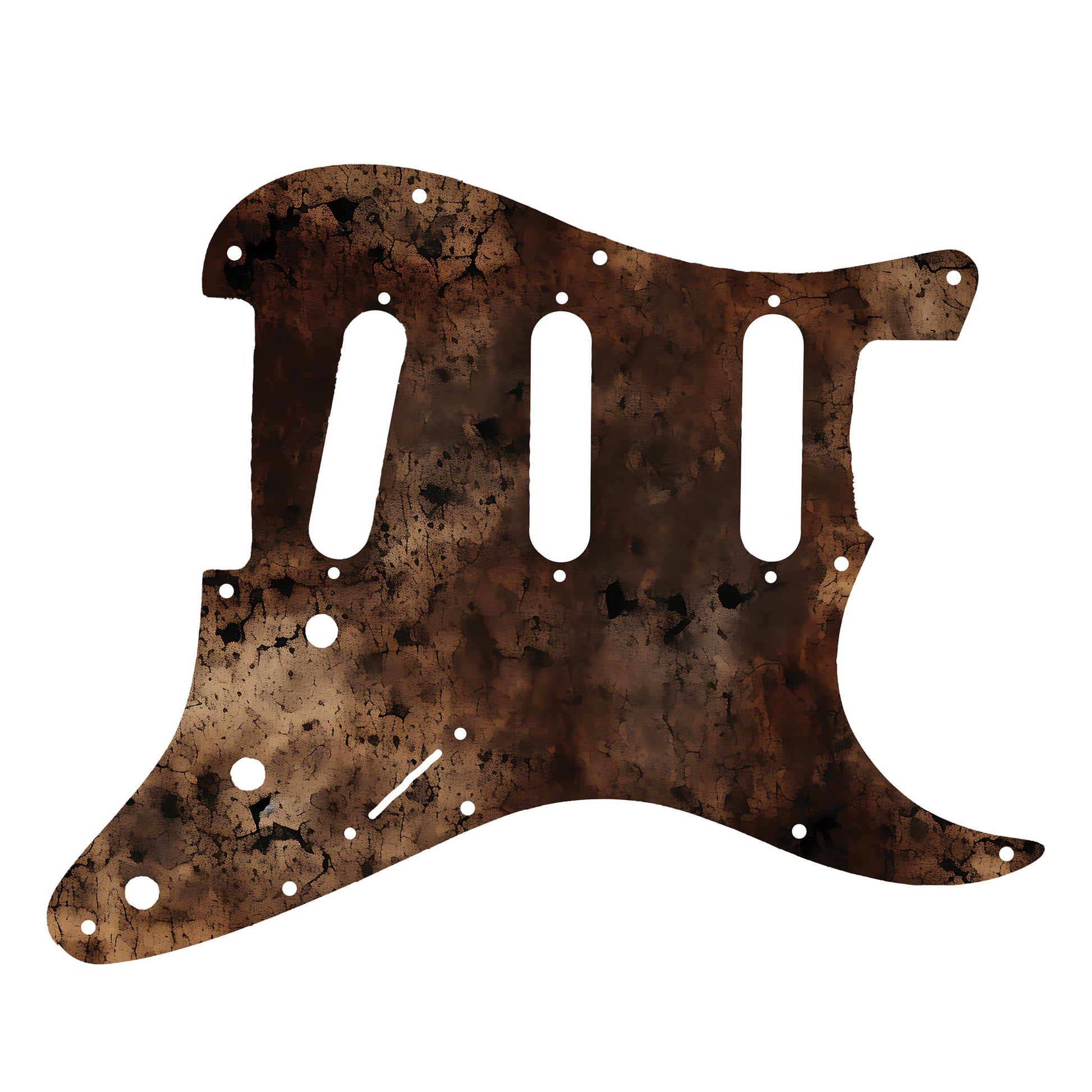 Egyedi Fender Stratocaster gitár koptató sötét, repedezett textúrával, barnás-vöröses tónusokkal és égett hatású mintázattal