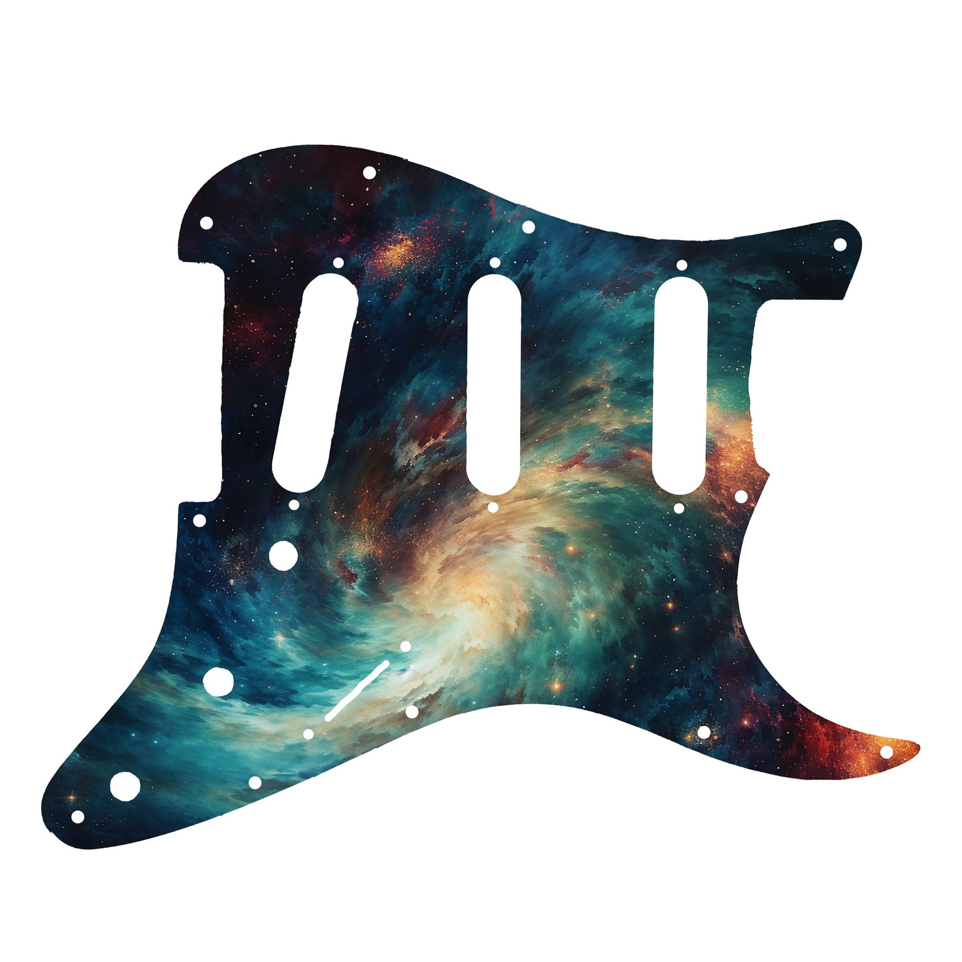 Egyedi Fender Stratocaster gitár koptató örvénylő galaxis mintázattal, mélykék és arany árnyalatokkal, valamint szórtan ragyogó csillagokkal