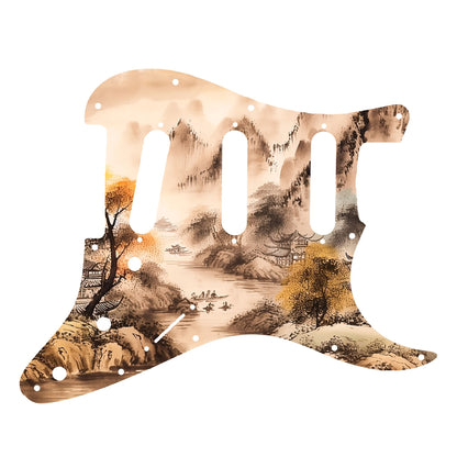 Egyedi Fender Stratocaster gitár koptató tradicionális tájképpel, narancssárga lombú fával, hegyekkel és folyón evező csónakokkal