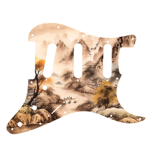Egyedi Fender Stratocaster gitár koptató tradicionális tájképpel, narancssárga lombú fával, hegyekkel és folyón evező csónakokkal