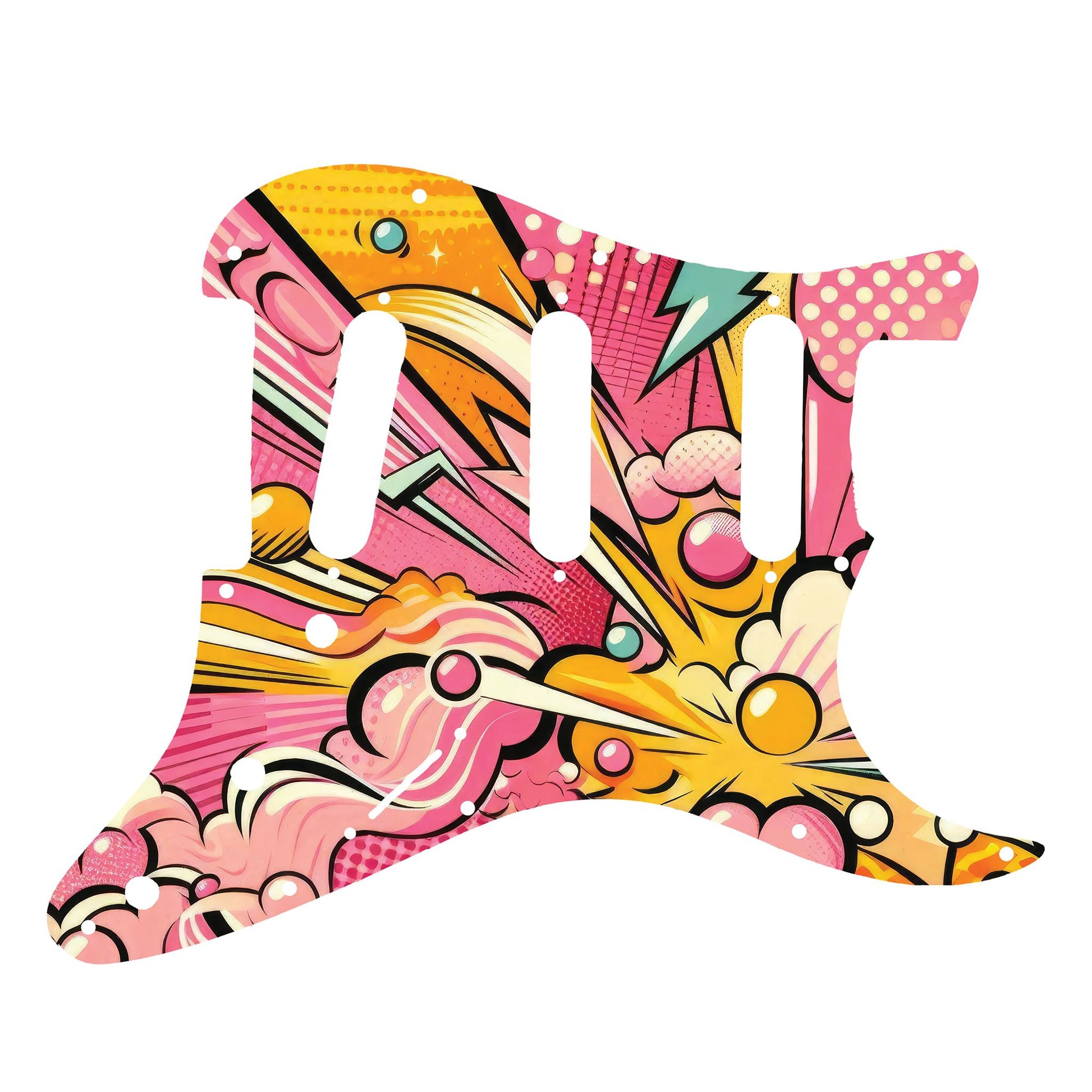 Egyedi Fender Stratocaster gitár koptató képregény ihlette dizájnnal, robbanásszerű formákkal és élénk színekkel