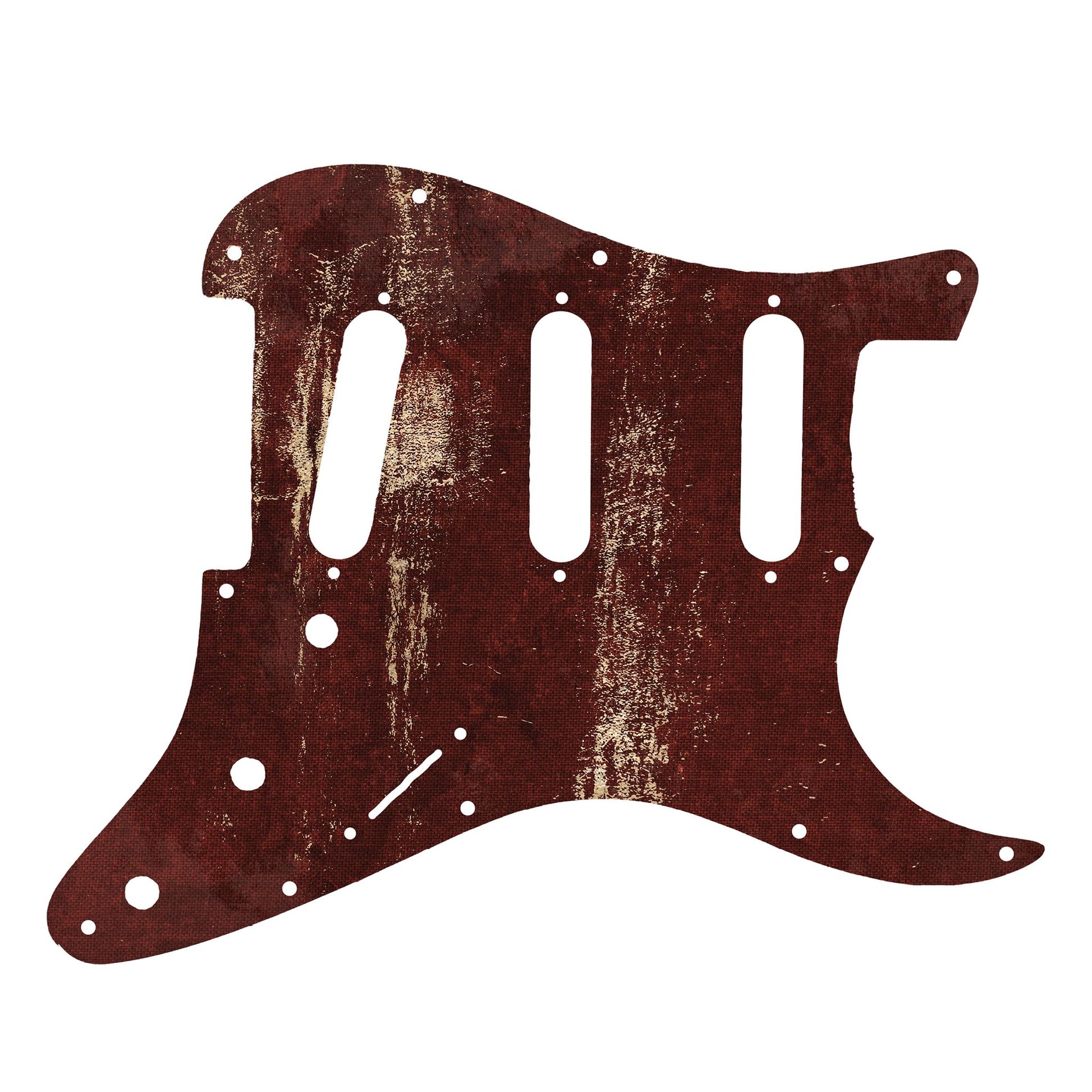 Egyedi Fender Stratocaster gitár koptató sötétvörös alapon fakó részletekkel, rusztikus felülettel és karakteres kopásokkal
