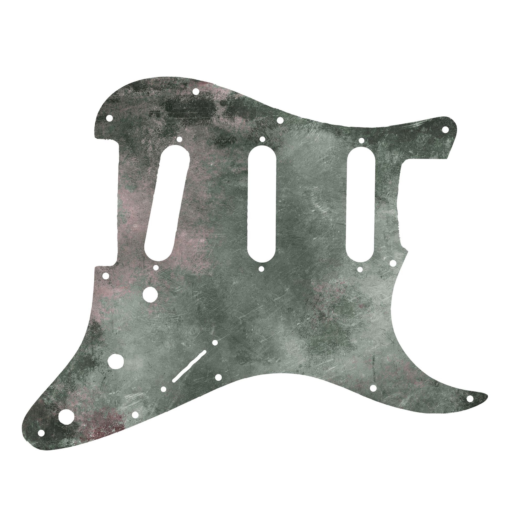 Egyedi Fender Stratocaster gitár koptató oxidált zöld tónusokkal, finom karcolásokkal és rusztikus megjelenéssel