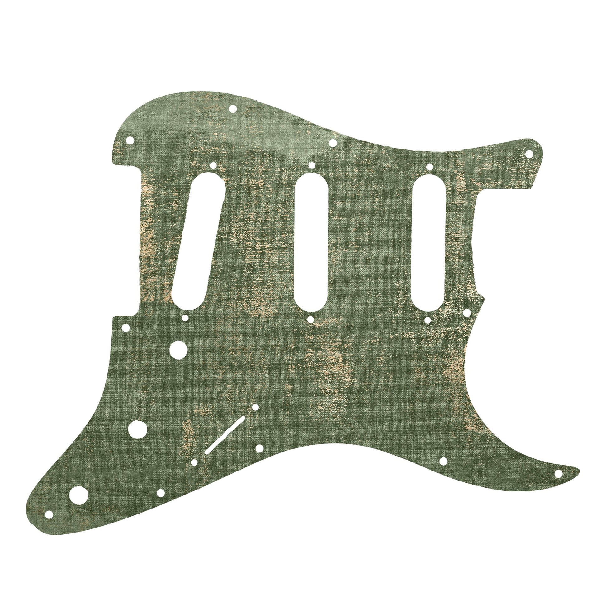 Egyedi Fender Stratocaster gitár koptató lágy zöld tónusokkal, enyhén patinás felülettel és vintage hatással