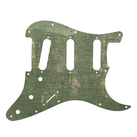 Egyedi Fender Stratocaster gitár koptató lágy zöld tónusokkal, enyhén patinás felülettel és vintage hatással