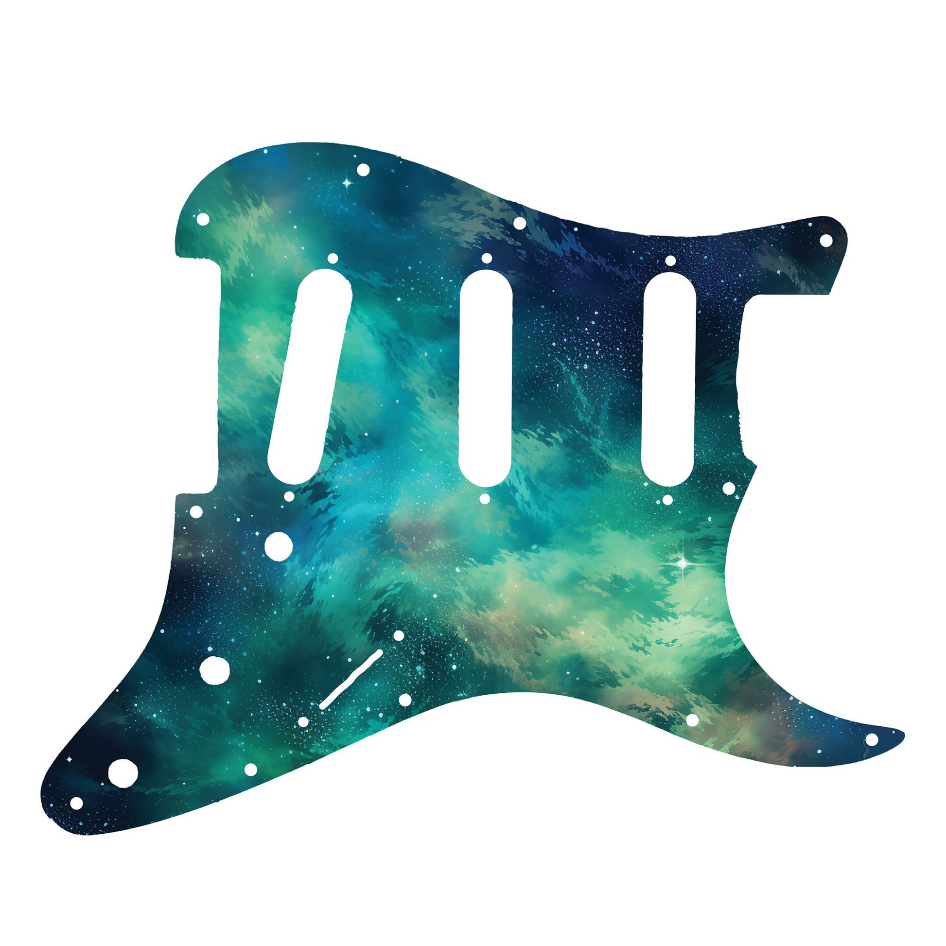 Egyedi Fender Stratocaster gitár koptató élénk zöldes-kék galaxis mintázattal, kavargó ködfelhőkkel és szórtan ragyogó csillagokkal