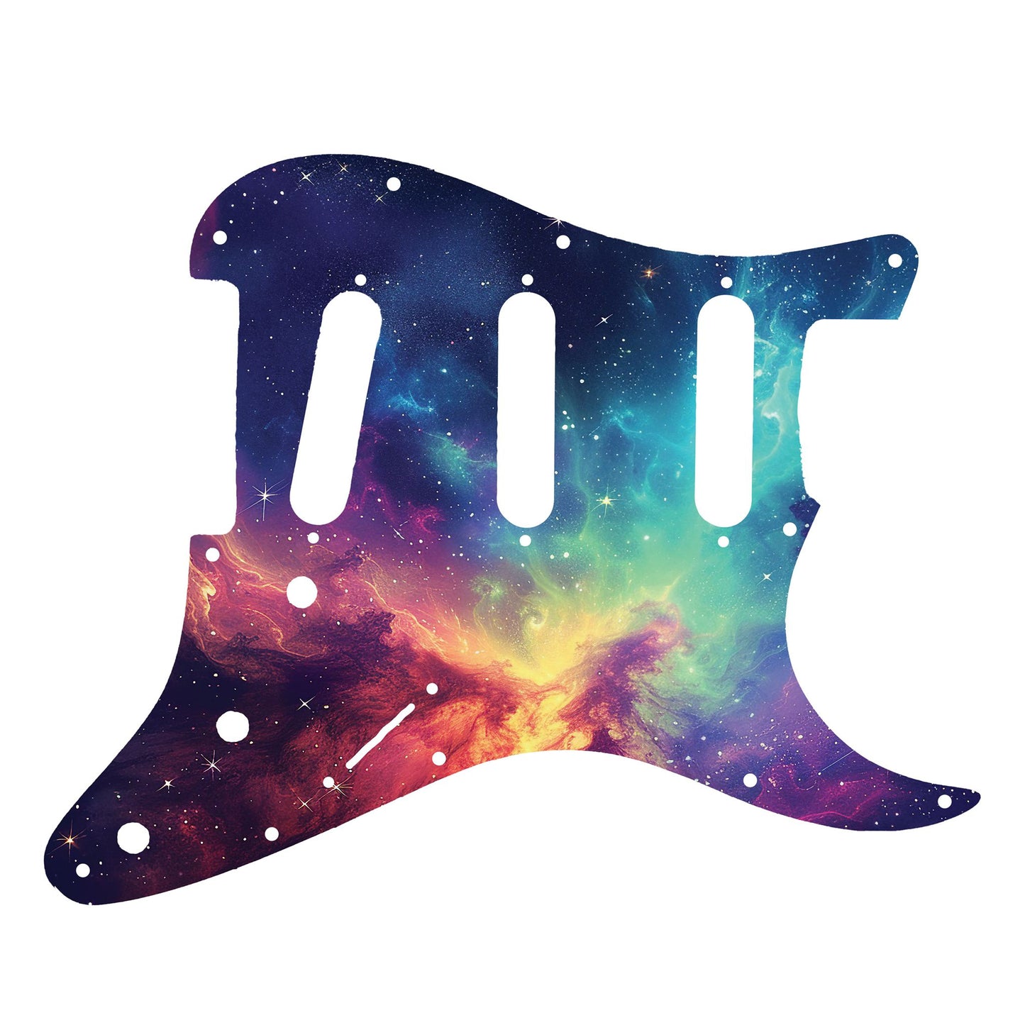 Egyedi Fender Stratocaster gitár koptató vibráló galaxis mintázattal, élénk rózsaszín, narancs és kék ködfelhőkkel és csillagokkal