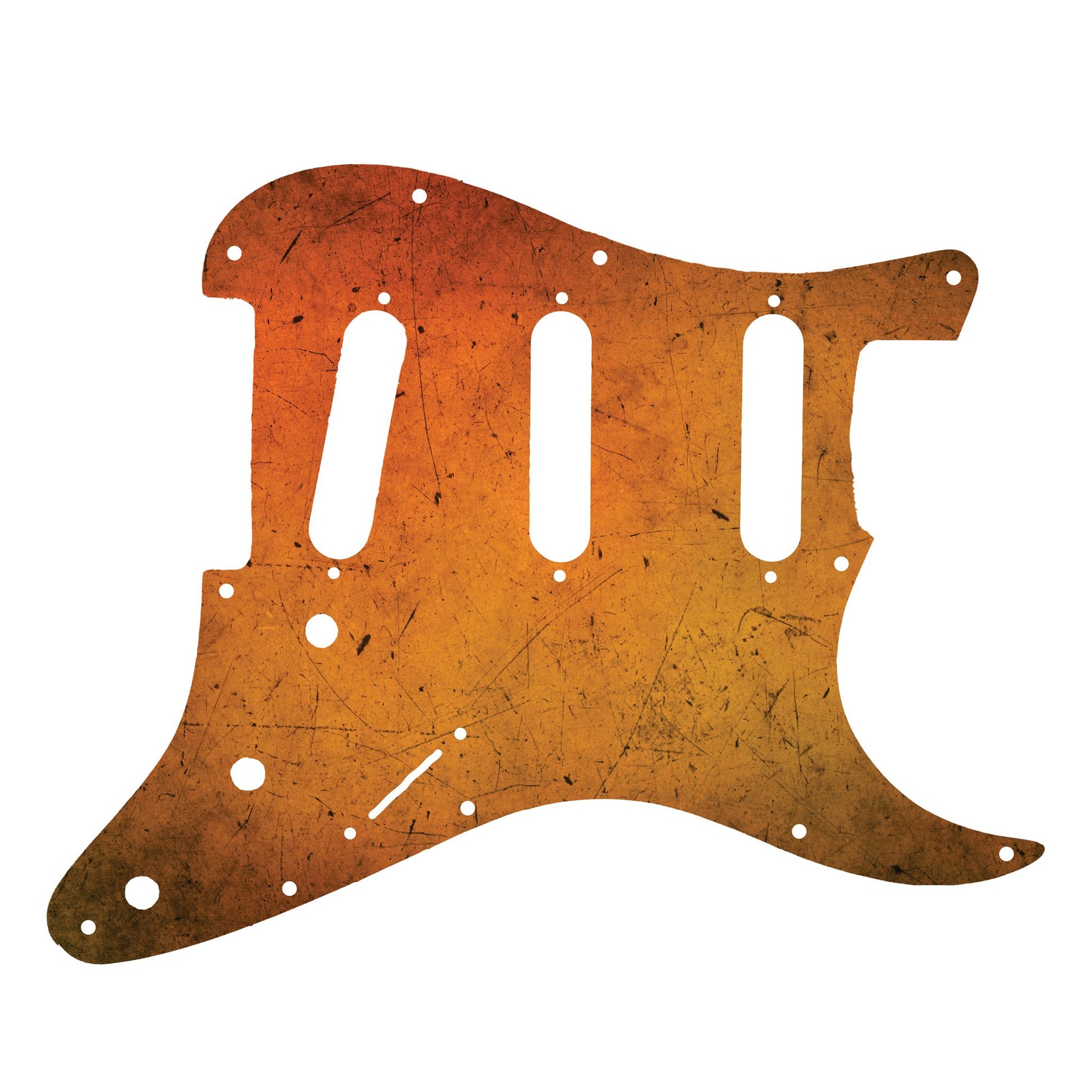 Egyedi Fender Stratocaster gitár koptató élénk narancssárga tónusokkal, karcos felületi mintázattal és retró hatású megjelenéssel