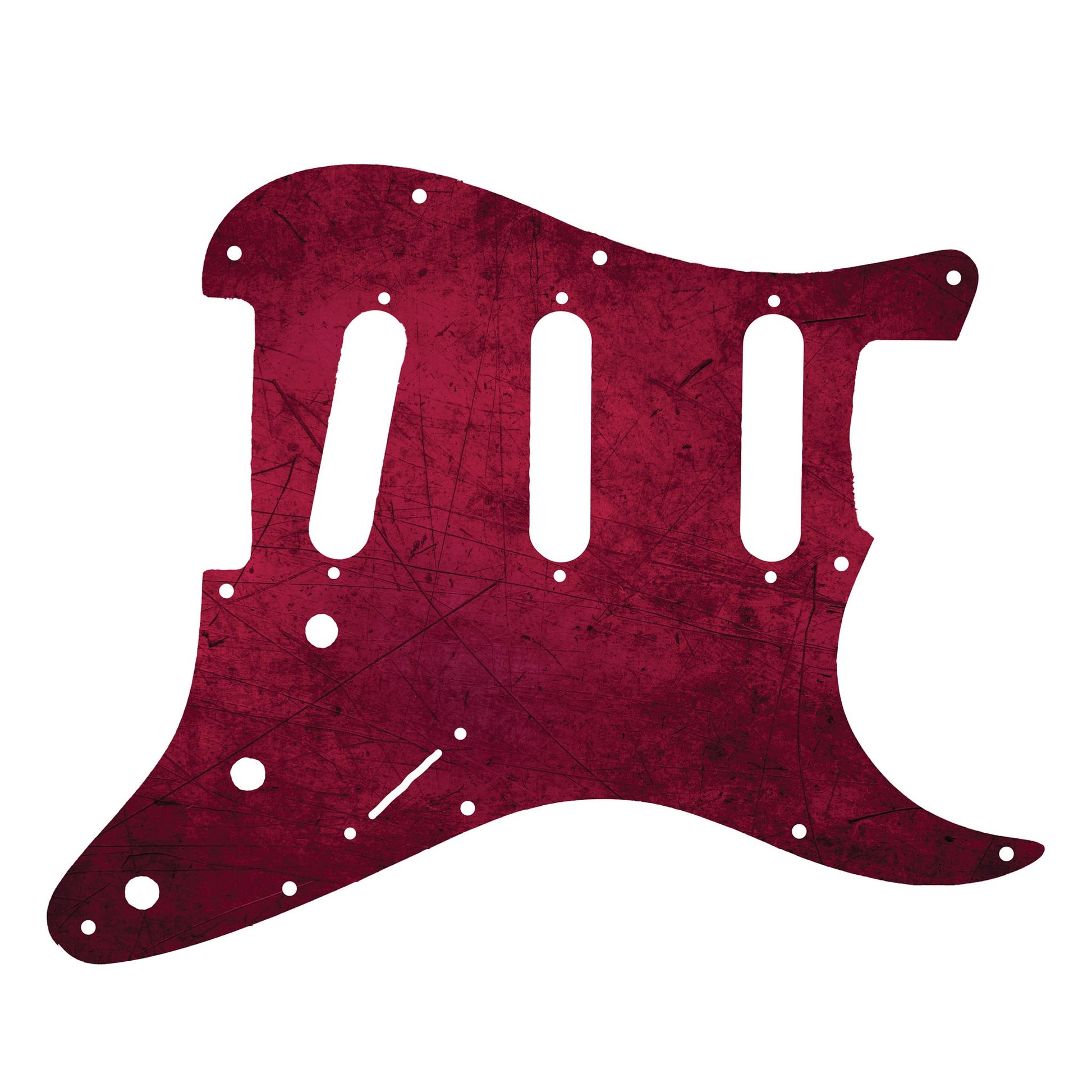 Egyedi Fender Stratocaster gitár koptató élénk bordó árnyalatokkal, karcos felületi mintázattal és karakteres vintage megjelenéssel