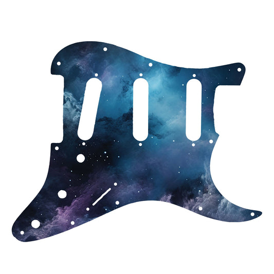 Egyedi Fender Stratocaster gitár koptató kozmikus mintázattal, kékes-lilás árnyalatokkal és csillagokkal díszített galaxis hatással