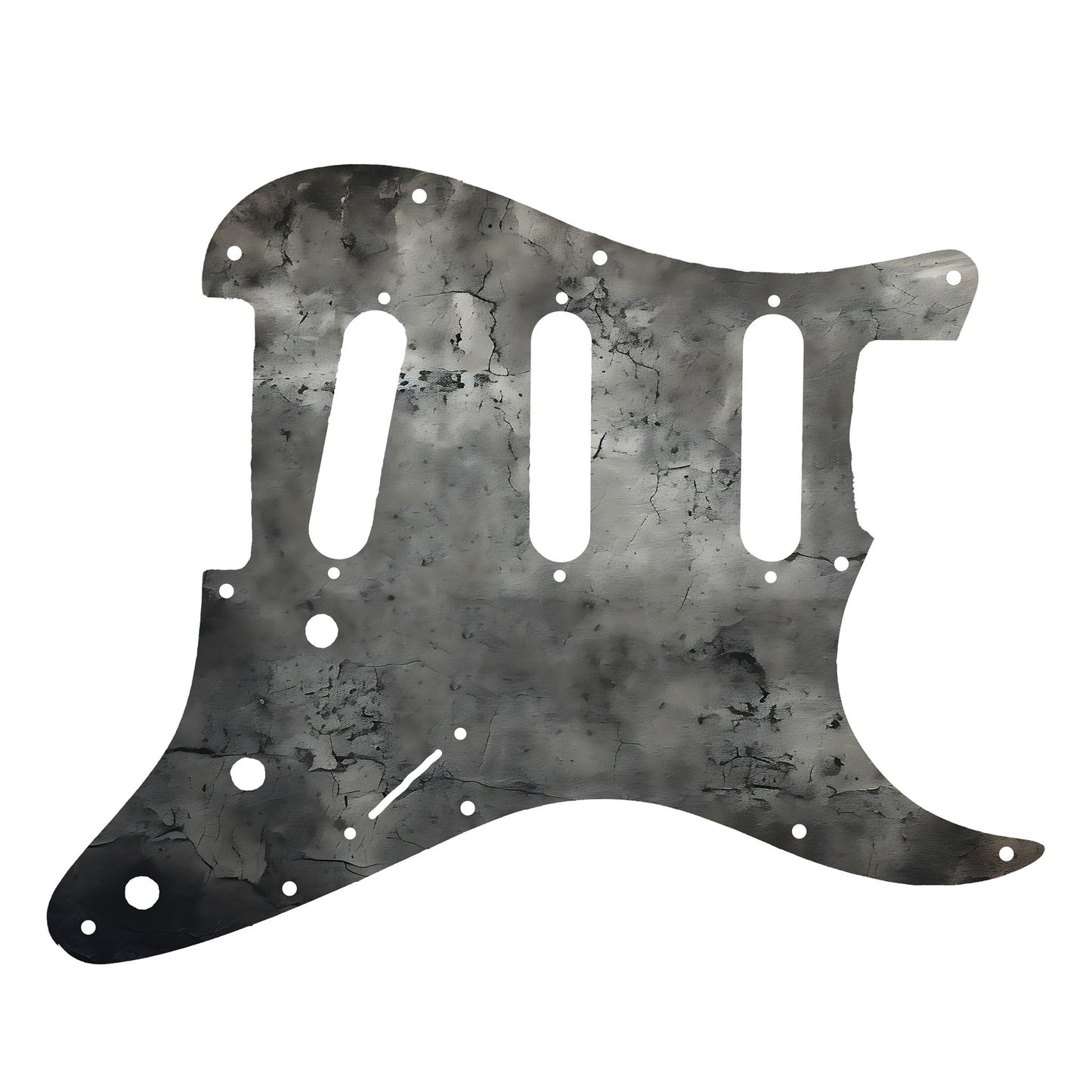 Egyedi Fender Stratocaster gitár koptató sötét, repedezett fémhatású textúrával, matt szürke és fekete árnyalatokkal