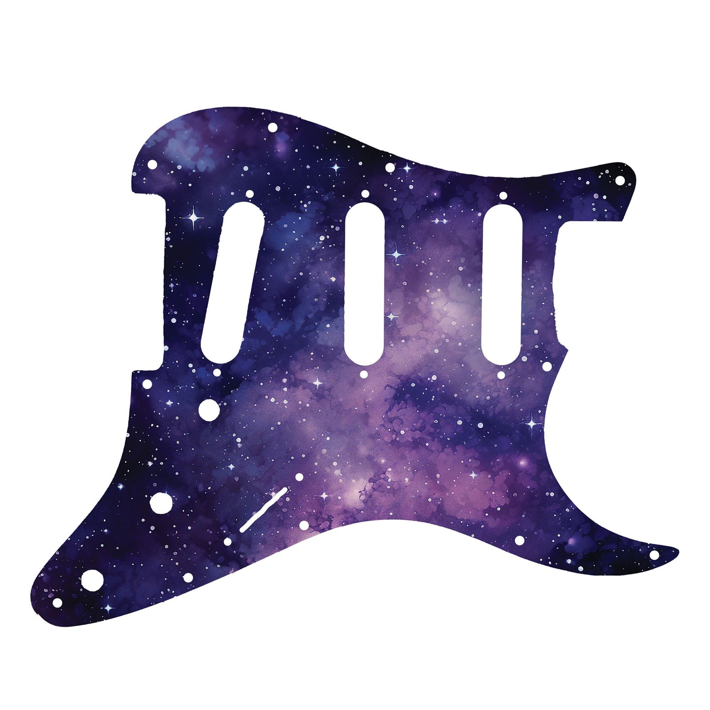 Egyedi Fender Stratocaster pickguard lila galaxis mintázattal, ragyogó csillagokkal és ködös űrhatással a kozmikus megjelenésért