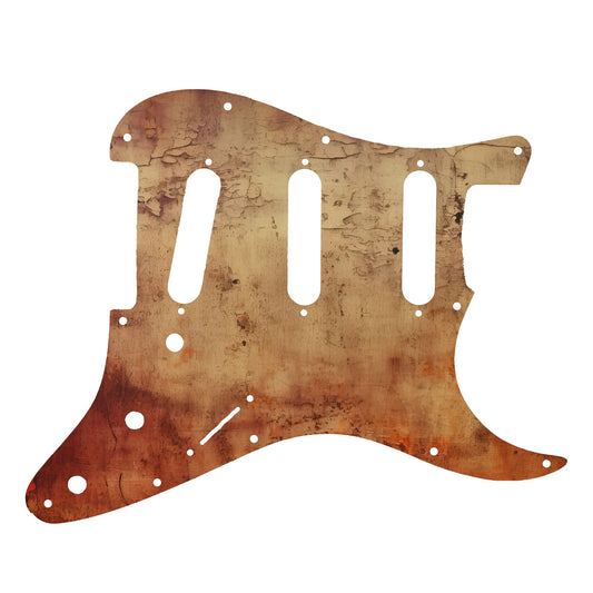 Egyedi Fender Stratocaster gitár koptató repedezett, rozsdaárnyalatú textúrával, mélyvörös és barnás tónusokkal