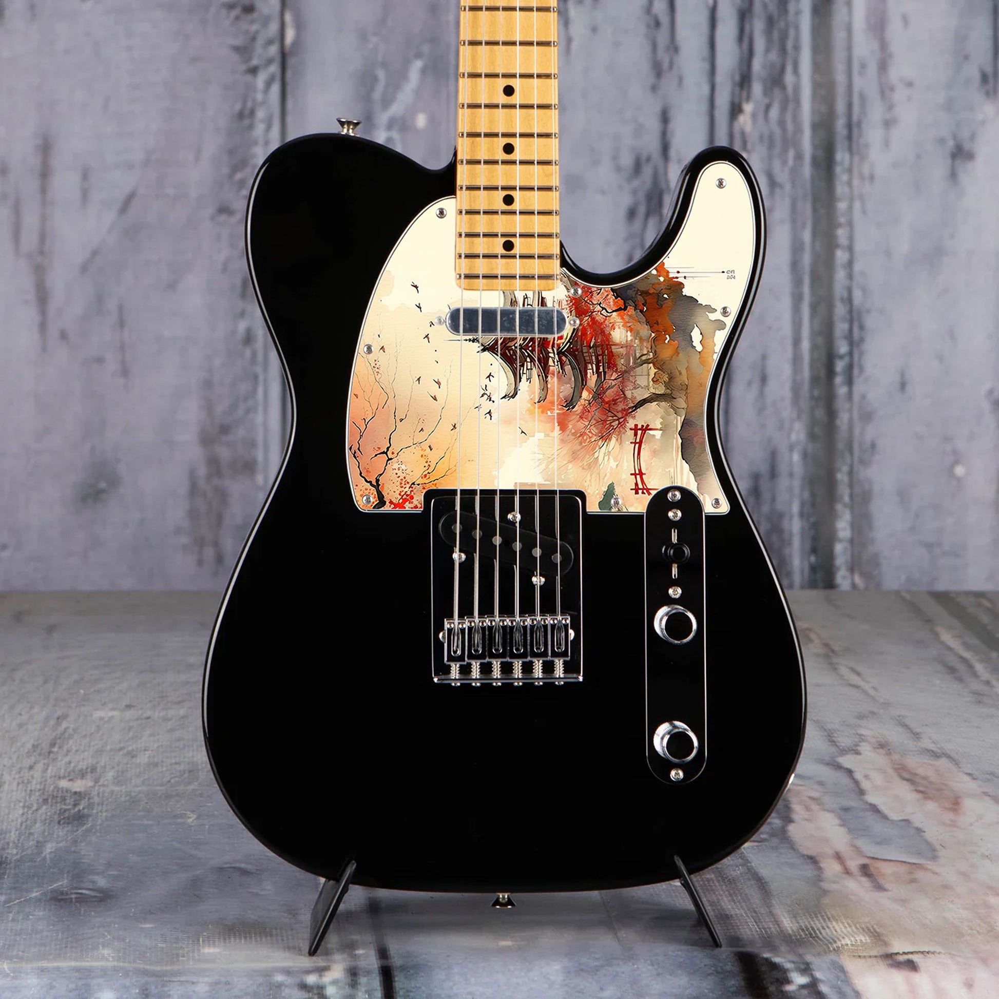 Egyedi Fender Telecaster gitár koptató vörös pagodával, őszi lombú fákkal és madárrajjal a narancsos égbolt alatt