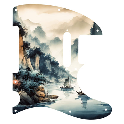 Egyedi Fender Telecaster gitár koptató festői tájképpel, hegyekkel, fákkal és hagyományos vitorlás hajókkal a nyugodt vízen