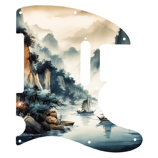 Egyedi Fender Telecaster gitár koptató festői tájképpel, hegyekkel, fákkal és hagyományos vitorlás hajókkal a nyugodt vízen