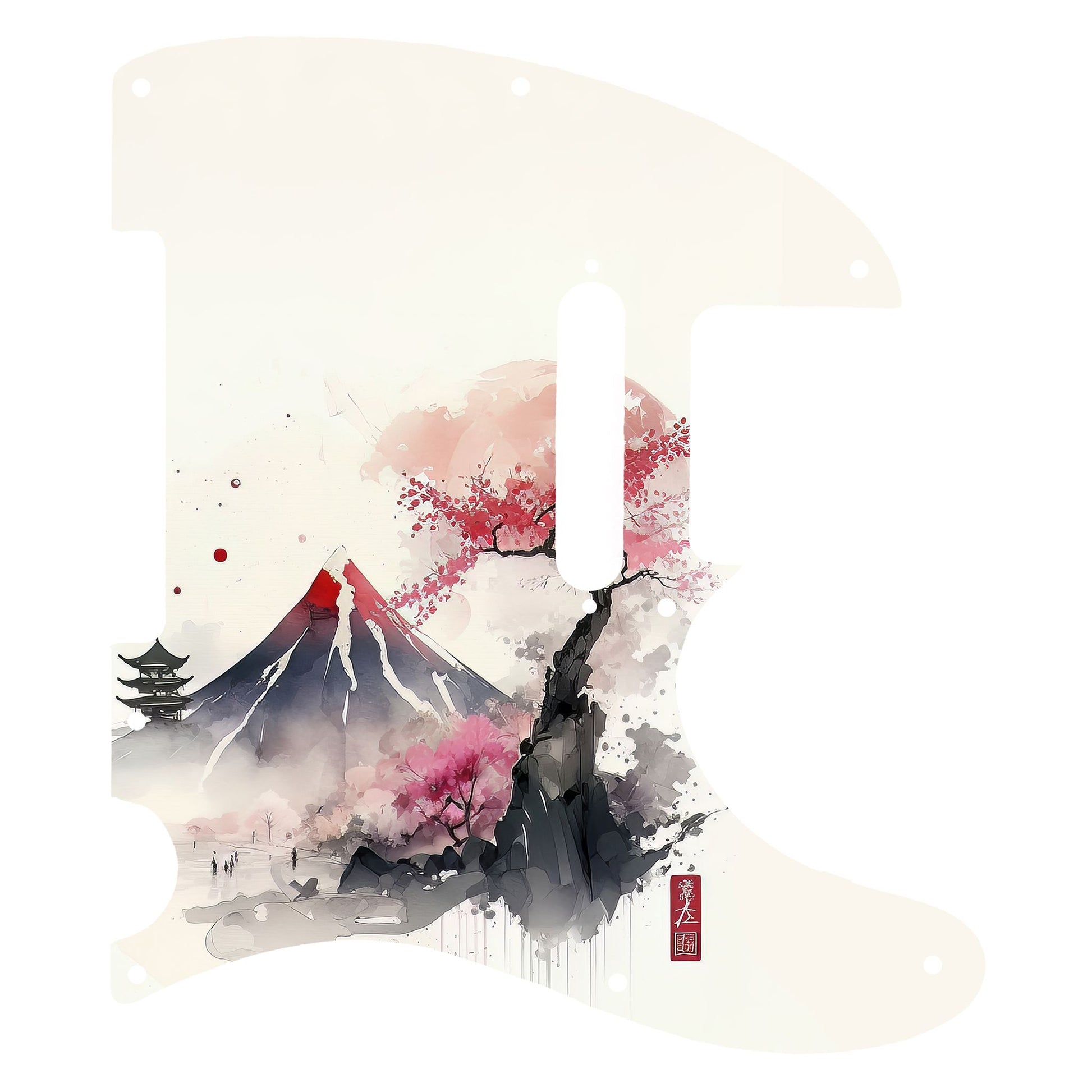 Egyedi Fender Telecaster gitár koptató hófödte hegycsúccsal, cseresznyevirágzó fákkal és pagodával a ködös tájban