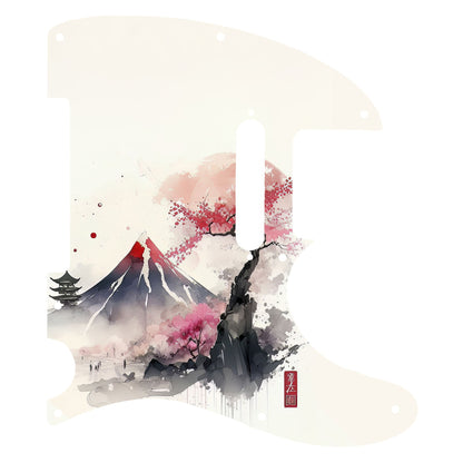 Egyedi Fender Telecaster gitár koptató hófödte hegycsúccsal, cseresznyevirágzó fákkal és pagodával a ködös tájban