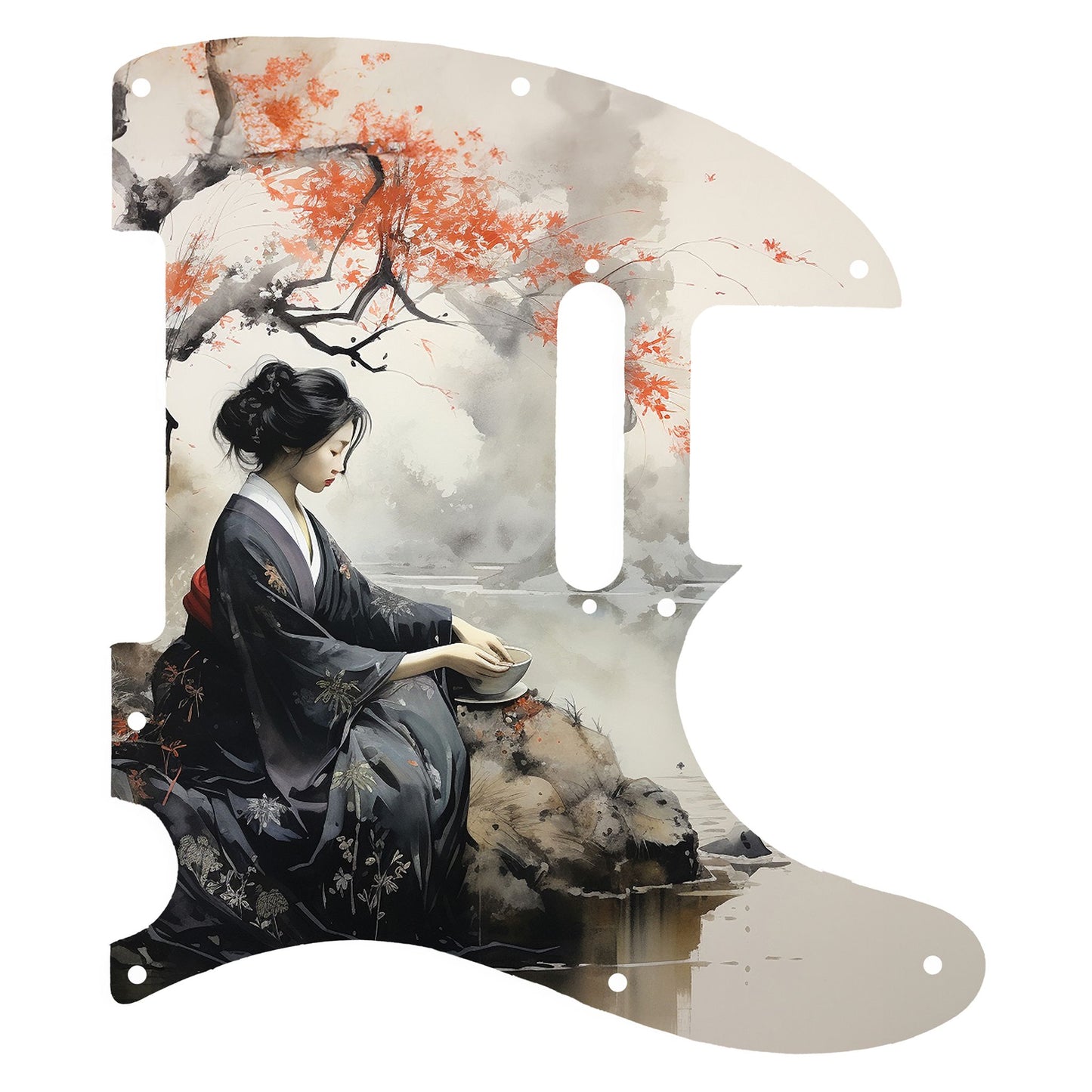 Egyedi Fender Telecaster gitár koptató japán nőalak ábrázolásával, fekete kimonóban, vörös levelű fa alatt ülve a folyóparton