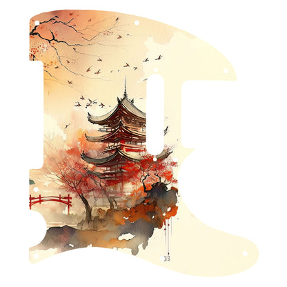 Egyedi Fender Telecaster gitár koptató vörös pagodával, őszi lombú fákkal és madárrajjal a narancsos égbolt alatt