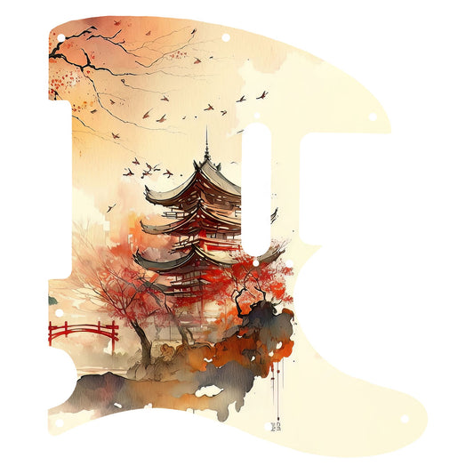 Egyedi Fender Telecaster gitár koptató vörös pagodával, őszi lombú fákkal és madárrajjal a narancsos égbolt alatt