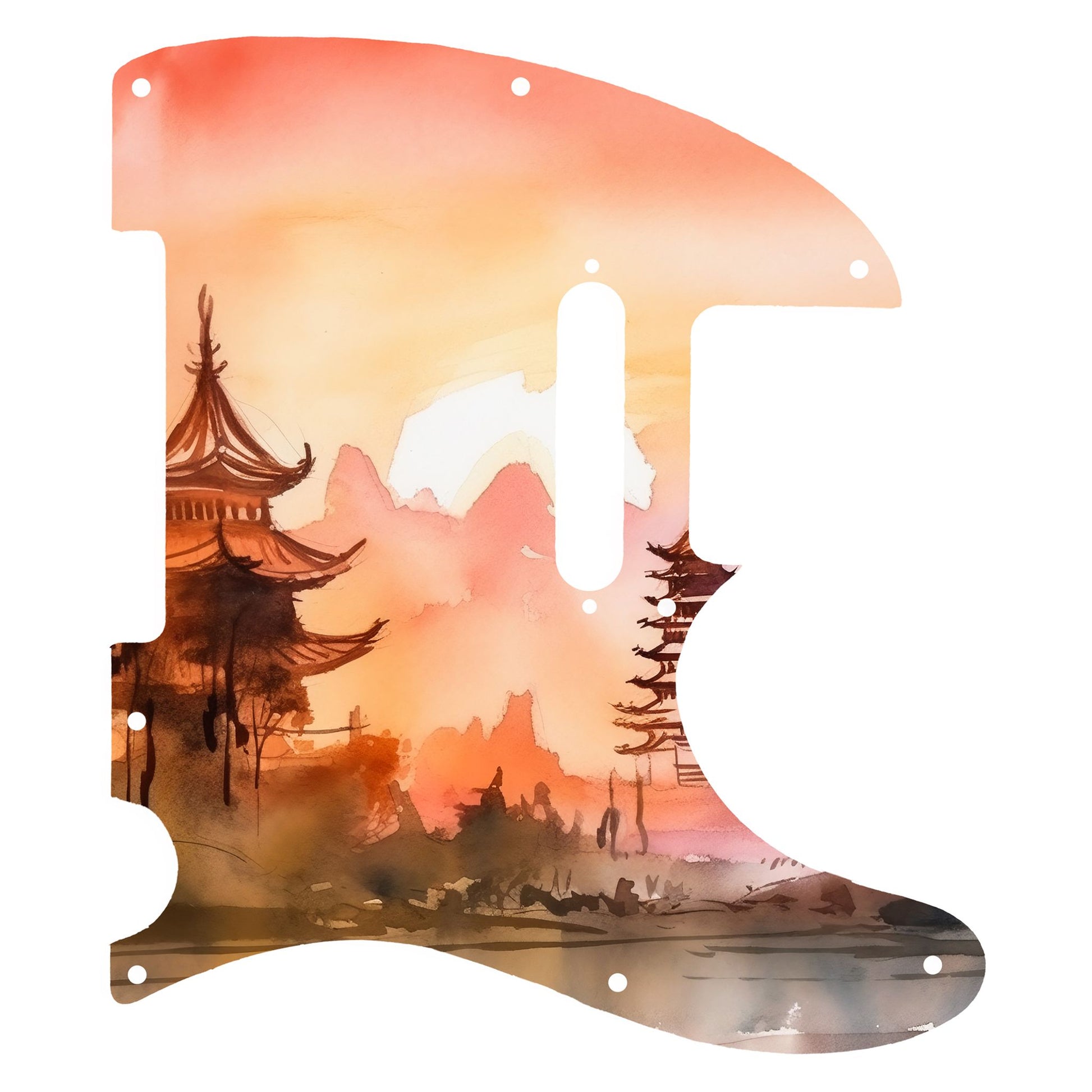 Egyedi Fender Telecaster gitár koptató naplemente árnyalataival, hagyományos pagodákkal és hegyvonulatokkal a háttérben