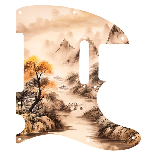 Egyedi Fender Telecaster gitár koptató tradicionális tájképpel, narancssárga lombú fával, hegyekkel és folyón evező csónakokkal