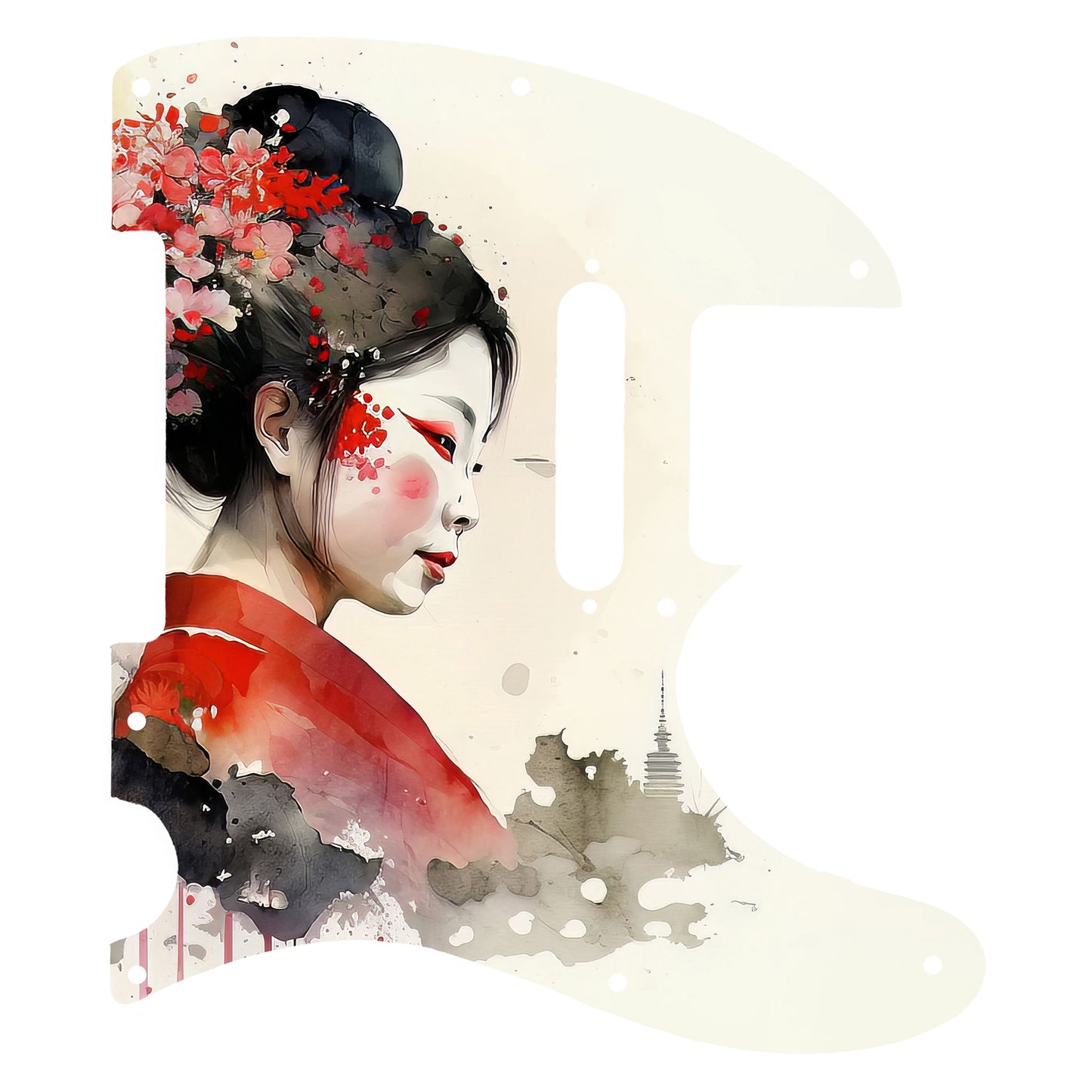 Egyedi Fender Telecaster gitár koptató piros kimonót viselő japán nő portréjával, virágdíszítéssel és pagodával a háttérben