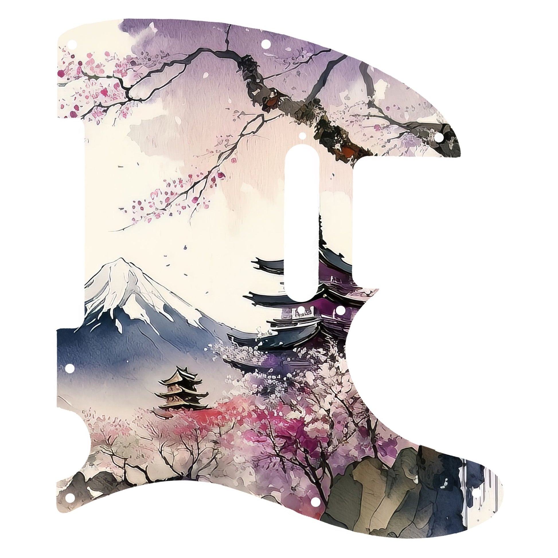 Egyedi Fender Telecaster gitár koptató cseresznyevirágzó fákkal, hagyományos pagodákkal és hófödte hegycsúccsal a háttérben