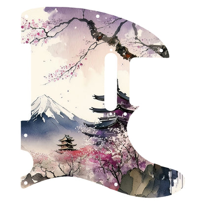 Egyedi Fender Telecaster gitár koptató cseresznyevirágzó fákkal, hagyományos pagodákkal és hófödte hegycsúccsal a háttérben