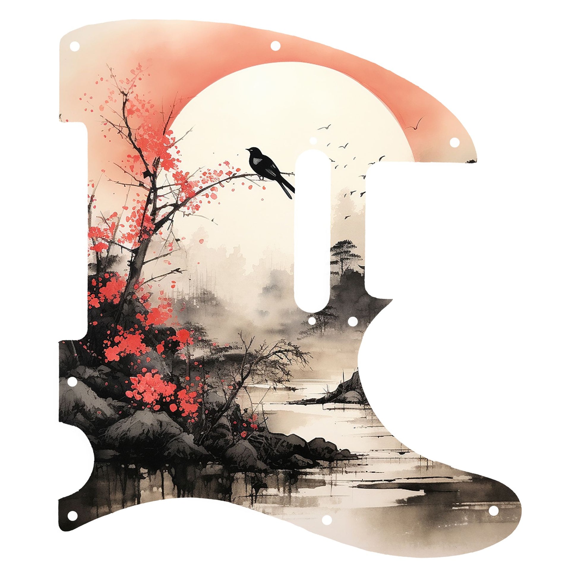 Egyedi Fender Telecaster gitár koptató vörös virágzó fával, ágon ülő madárral és ködös folyóparti tájképpel a háttérben