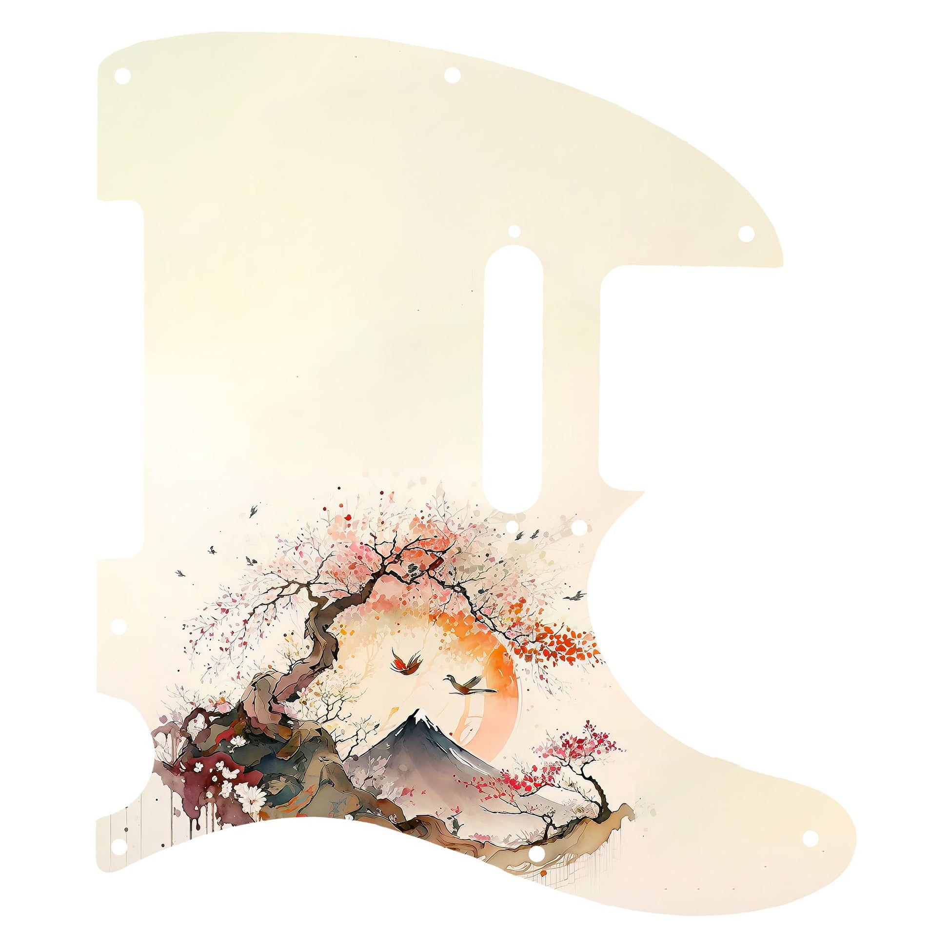 Egyedi Fender Telecaster gitár koptató ívelt cseresznyefával, távoli hegycsúccsal és naplementében repülő madarakkal